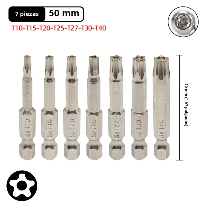 Juego De Puntas De Destornillador Pentáculo Estrella 1/4 Hex Shank Cinco Puntos Torx S2 Acero Magnético T10-T40 50mm Para Herramientas Eléctricas - 1