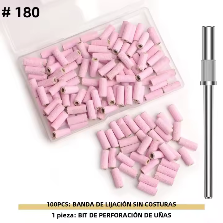 Kit De Bandas De Pulido Sin Costuras Para Uñas 100pcs/Box #180/#240 Grano Mini Nail Art Pulido Con Bit De Acero Inoxidable - 1
