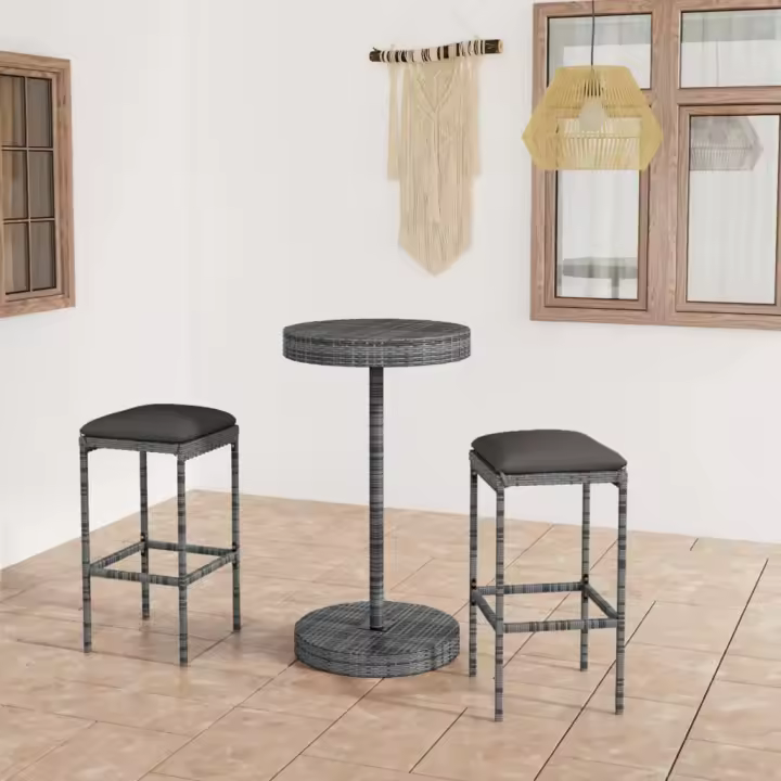 vidaXL Set muebles bar jardín 3 piezas y cojines ratán sintético gris - 1