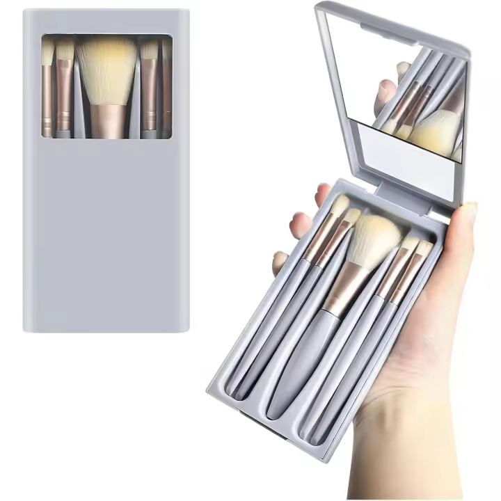 Set de Brochas de Maquillaje Portátil, 5 Mini Brochas, con Espejo, para Viaje - 1
