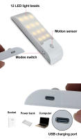 Lámpara LED Recargable Con Sensor De Movimiento Para Pasillo Baño Armario Cocina 12LED Alta Luminosidad Luz Nocturna Rectangular - details 2