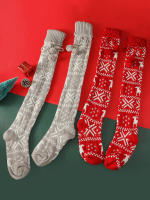Calcetines De Navidad Para Mujer Con Patrón De Reindeer Over-the-Knee Gruesos Y Calurosos Con Pompom Calcetines De Invierno - details 0