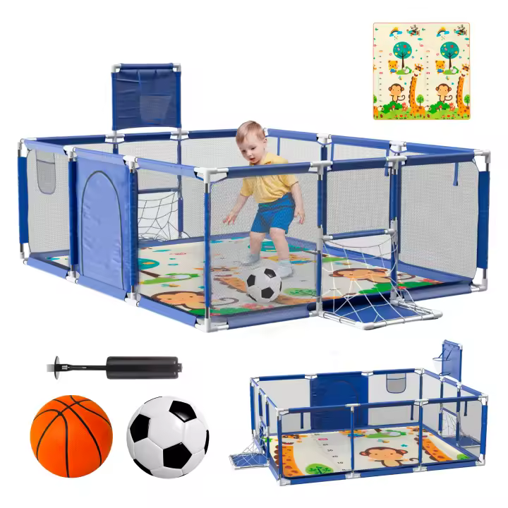 Parque Infantil Bebe + Alfombra de Juego + Pelota de Futbol y Baloncesto - Corralito de Bebé Plegable 180 x 120 x 60cm - Parque de Juegos Bebé Con Malla Transpirable - Centro de Actividades - 1