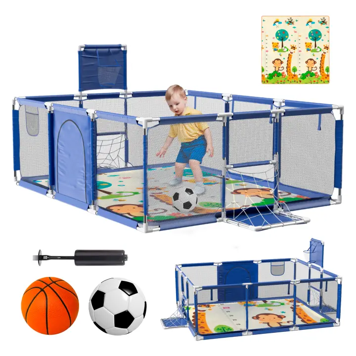 Parque Infantil Bebe + Alfombra de Juego + Pelota de Futbol y Baloncesto - Corralito de Bebé Plegable 180 x 120 x 60cm - Parque de Juegos Bebé Con Malla Transpirable - Centro de Actividades - 1