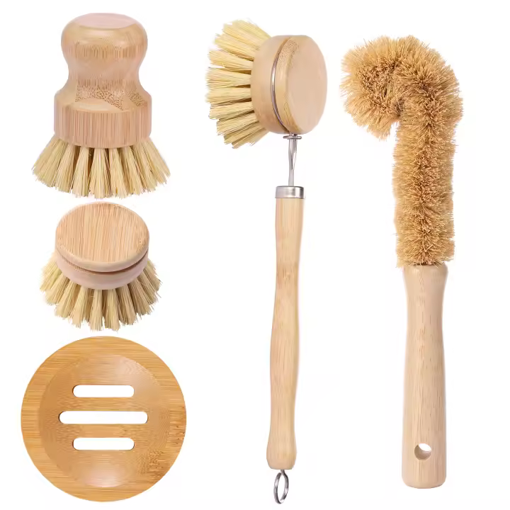 Juego De 4/5 Pcs Cepillos De Cocina De Bambú Con Mango Largo Para Limpieza De Ollas Y Platos Eco-amigable Eliminación De Oxidación Utensilios De Limpieza - 1
