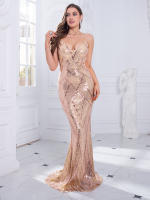 Vestido De Noche Sin Mangas Y Espalda Descubierta Dorado Rojo Slim V Neck Mermaid Prom Traje De Baño De Encaje Para Mujer - details 1