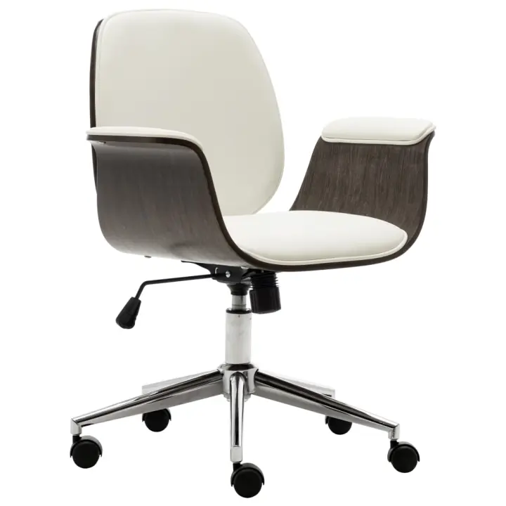vidaXL Silla de oficina de madera curvada y cuero sintético blanco - 1