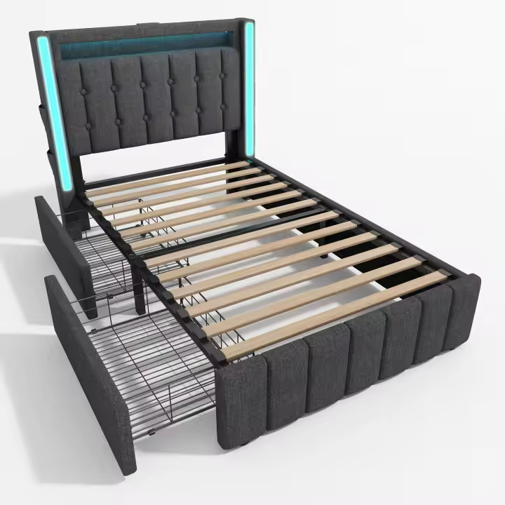 Cama Upholsted Función de carga USB Type C Iluminación LED Y 2 cartuchos, Cama Juvenil 90x200 cm Cama individual Cama de almacenamiento Estructura de Cama Con base de listones de Madera, gris (with colchón) - 1