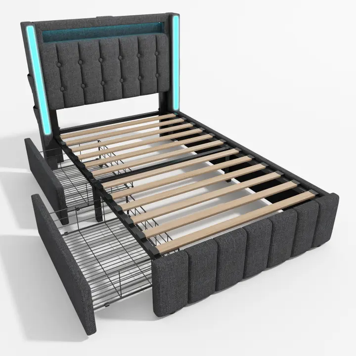 Cama Upholsted Función de carga USB Type C Iluminación LED Y 2 cartuchos, Cama Juvenil 90x200 cm Cama individual Cama de almacenamiento Estructura de Cama Con base de listones de Madera, gris (with colchón) - 1
