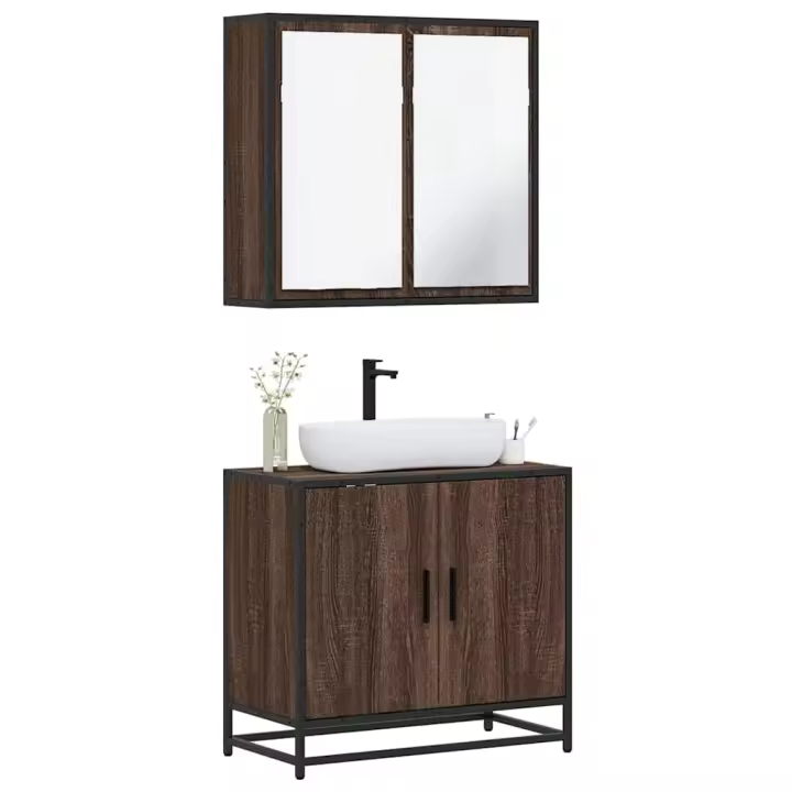vidaXL Set de muebles baño 2 pzas madera contrachapada en color Roble ahumado/Negro/Marrón roble y más | almacenamiento funcional diseño moderno para baño dormitorio sala - 1