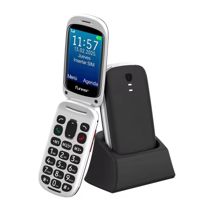 Funker E300 MAX Audio 3 4G - Teléfono móvil con tapa fácil de usar - Teclas y Pantalla grandes - Audio PRO compatible con audífonos - Volumen extra fuerte con Amplificador - Configuración Remota - Botón SOS – Base de carga - 1