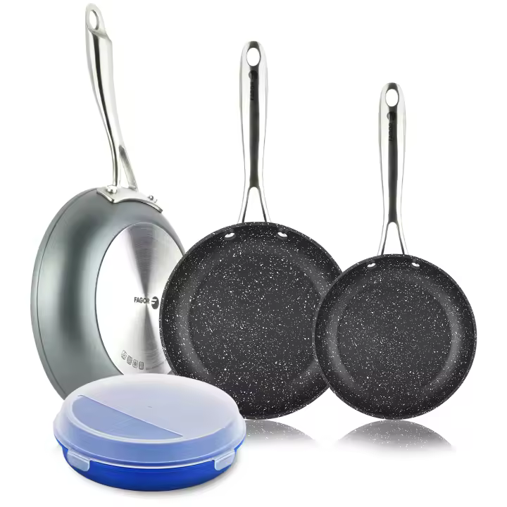 Fagor Savia - Juego de Sartenes 20+24+26 cm + Taper, Aluminio Forjado, Antiadherente Bicapa, Mangos de Acero Inoxidable, Inducción y Horno - 1