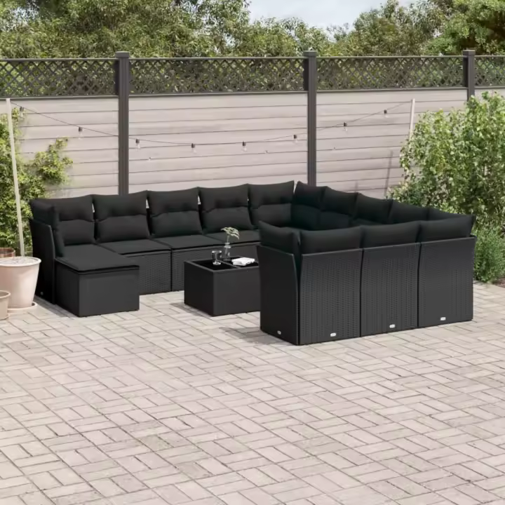 vidaXL Set de sofás de jardín y cojines 13 pzas ratán sintético negro - 1