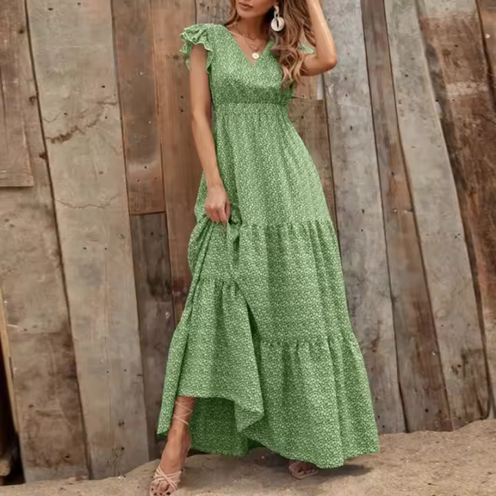 Vestido Largo De Verano Para Mujer Con Estampado Floral V-Neck Cintura Alta Patchwork Bohemio De Pierna Larga Y Suelto - 1