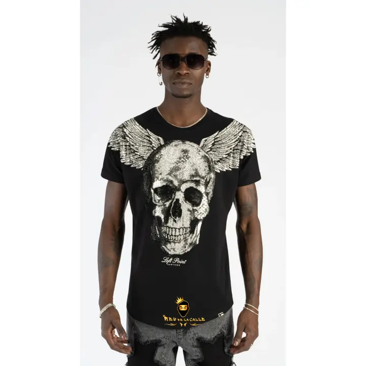 Camiseta Left Point Negra Pedrería Brillante Calavera Con Alas Plateada - 1