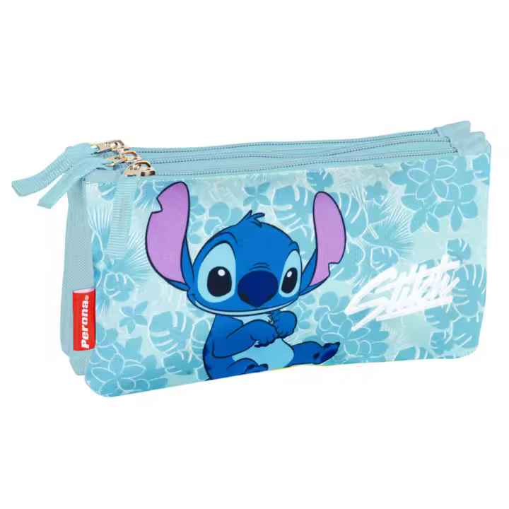 Portatodo Stitch Disney triple. Portatodo con diseño moderno y parches incluidos. Ideal para organizar lápices y accesorios con estilo. - 1