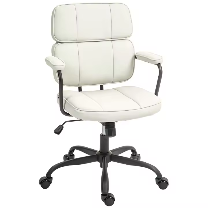 HOMCOM Silla de oficina silla de oficina con función balancín, regulable en altura y giratoria 360° silla ergonómica en tapizado de plástico, 60,5 x 59 x 89-97 cm, color crema - 1