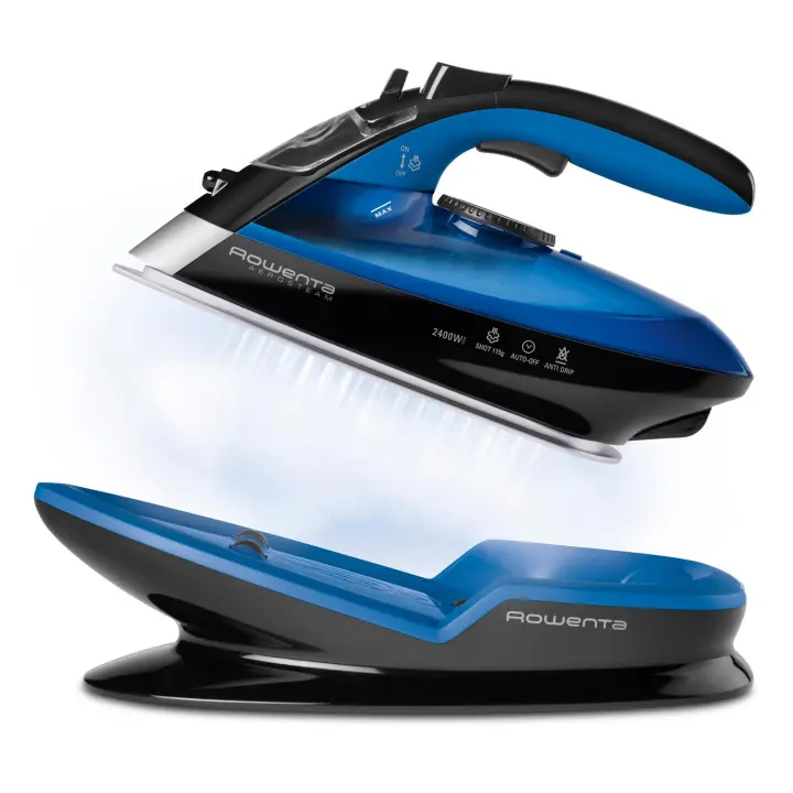 Rowenta Freemove DE5010 Plancha sin cable con golpe de vapor 115 g/min, sin cable, 250 ml, suela Microsteam 400 láser, autoapagado y antical, todo tipo de tejidos, Azul/Negro - 1