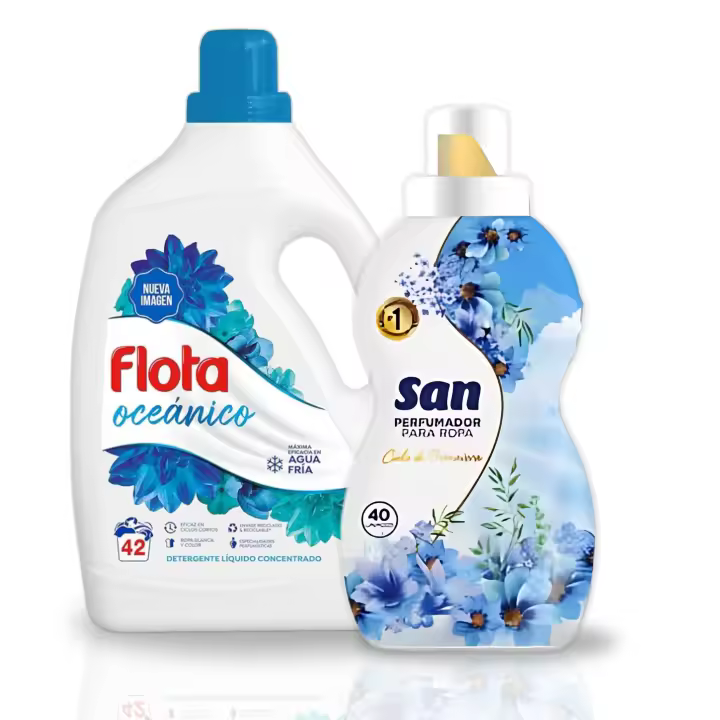 FLOTA Detergente Líquido para Lavadora  42 Lavados + SAN Perfumador de Ropa Cielo de Primavera 40 Dosis - Ropa Blanca y de Color - Fragancia Duradera y Fresca- Antimanchas y Antiolores - 1