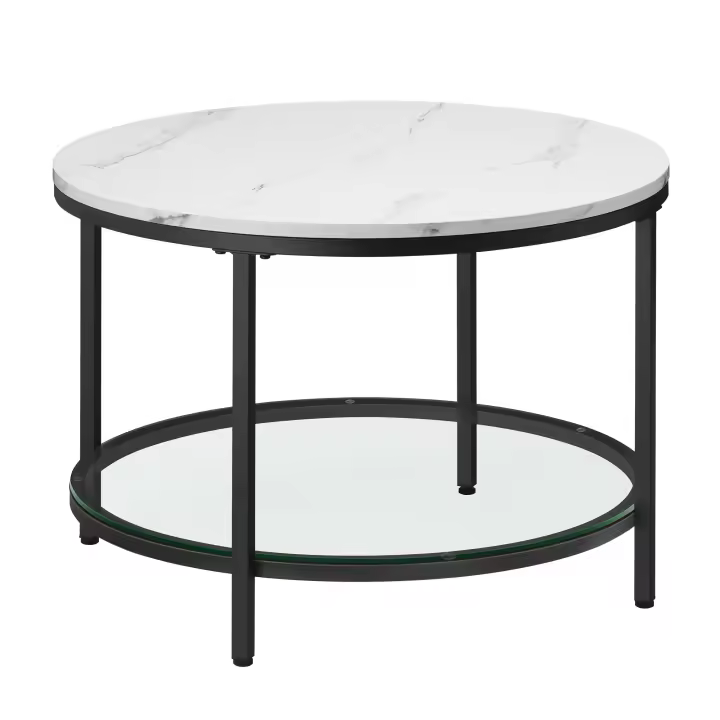 Mesa de centro redonda de imitación mármol, estante de vidrio templado, 65x46 cm, estilo moderno para salón - 1