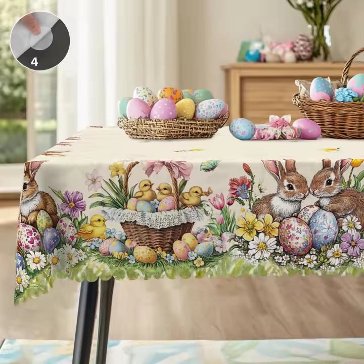 Mantel Redondo De Pascua 1 Pieza Con Diseño De Cesta De Huevos, 5 Tamaños Disponibles, Decoración Para Mesa De Comedor Y Jardín, Uso Diario En Cocina Y Terraza, Impermeable Y De Estilo TWILL - 1