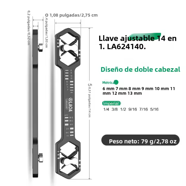 Llave De Hexágono Ajustable LAOA 14 En 1 De Aleación De Acero Doble Final Métrico-inch Para Reparación Y Mantenimiento - 1