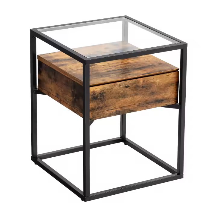 VASAGLE Mesa Auxiliar de Estilo Industrial, Mesa de Consola de Cristal Templado con Cajón y Repisa Rústica, Mesita de Noche, Decoración en el Salón, Marco de Acero, Marrón Rústico y Negro - 1