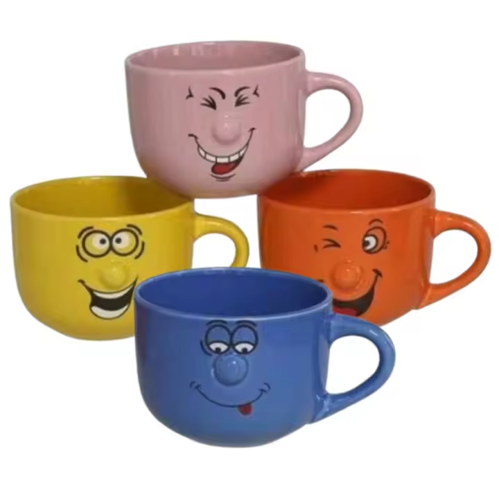 MundoTarros Set de 4 Tazas de Porcelana 420 ml - Diseño Divertido con Caritas en Colores Vibrantes - Ideales para Café, Té y Chocolate Caliente - Resistentes y Aptas para Microondas y Lavavajillas - 1