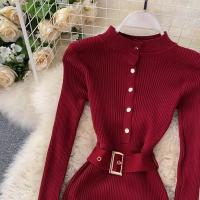 Vestido REALEFT De Punto Para Mujer Con Cuello Alto Y Mangas Largas Estampado Sólido Estilo Casual Vestido De Abrazo Largo Hasta La Rodilla Para Otoño E Invierno - details 15
