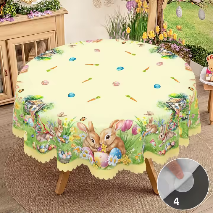 Mantel Redondo De Pascua Con Diseño De Tulipanes Conejito Y Huevo Jardín Tamaño Cuadrado Proceso De Enrase En Borde Decoración De Jardín Para Uso Diario En Cocina Terraza Decoración De Pascua - 1
