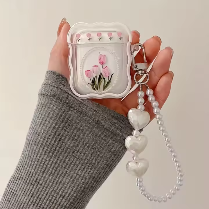 Funda Protectora Suave Para AirPods 1 2 pro 3 Con Diseño Retro De Tulipes Y Pulsera De Perlas Cubierta Para Caja De Recarga Del Auricular - 1