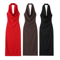 Vestido Midi De Hombro a La Cintura Para Mujer Estilo Europeo Y Americano Temperamento Draped Solapa Sexy Y Club Longitud De Rodilla - details 1
