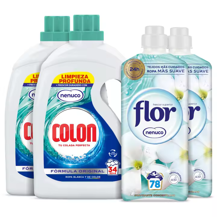 Colon Nenuco Detergente para la lavadora Gel 68 lavados + Flor Nenuco 156 lavados (2x Colon 34dosis + 2x Flor 78 dosis) - 1