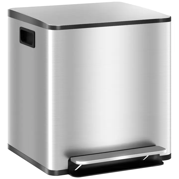 HOMCOM Cubo de basura de cocina HOMCOM de 2 compartimentos con pedal de 15 l, de acero inoxidable, con tapa de cierre suave, cubos extraíbles, 41,8 L x 36,7 W x 44 H cm, color plateado - 1
