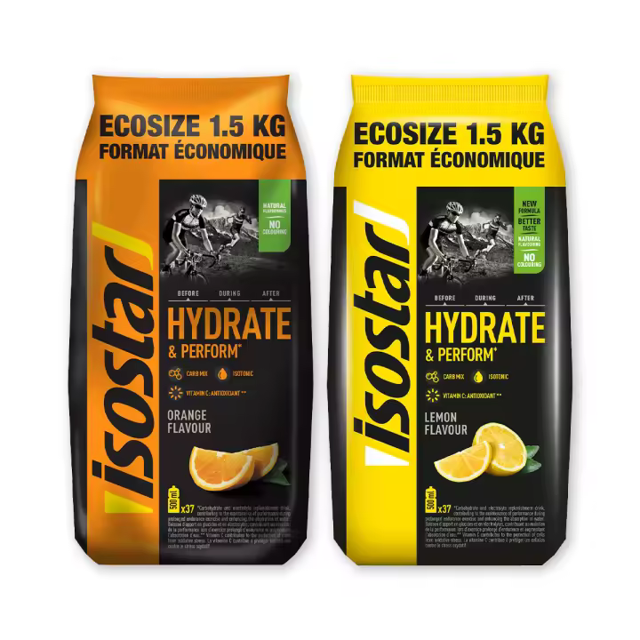 Isostar | Hydrate & Perform, Preparado de Bebida Electrolítica Isotónica para Optimizar el Rendimiento Deportivo, Contiene Electrolitos y Carbohidratos para una Reposición Rápida de Energía, Sabor Naranja y Sabor Limón - 2 x 1.5 kg, 74 Raciones - 1