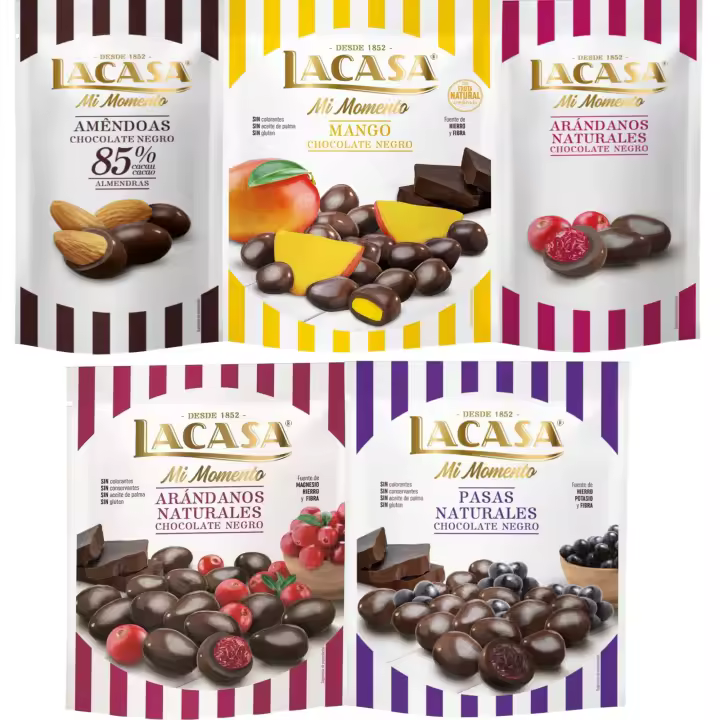 Lacasa Mi Momento pack de 5:Arándano choco Negro 60G,Almendra 85% 65G,Arándano choco Negro 125G,Pasas choco Negro 150G,Mango choco Negro 115G - 1