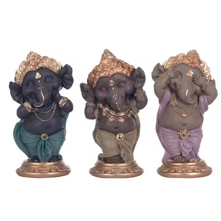CAPRILO REGALOS & DECORACIÓN Set de 3 Figuras Budistas Decorativas Multicolor de Resina "Ganesha no Oigo, Hablo, Veo" Adornos y Esculturas. Regalos Originales. Decoración Hogar. 7 x 6 x 12 cm - 1