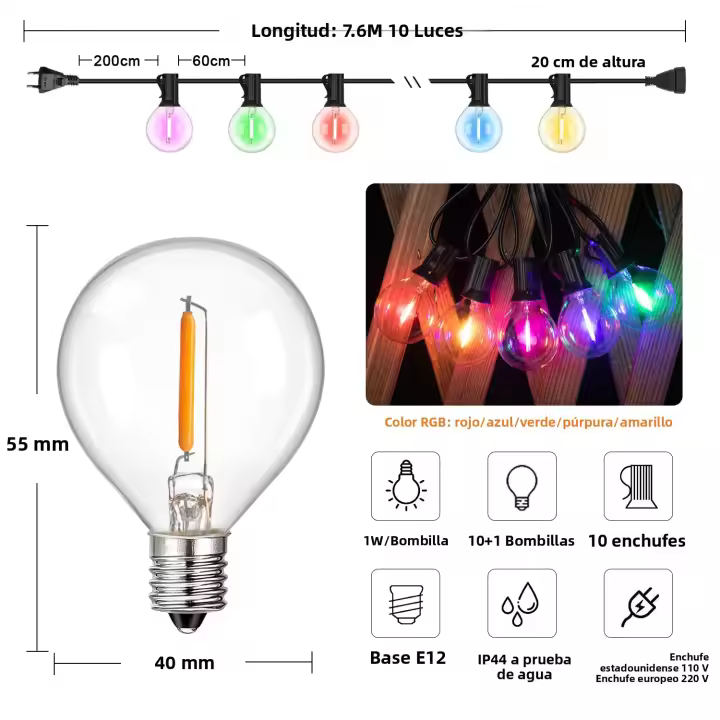 Cadena De Luces RGB 50FT Impermeable G40 Para Jardín Decoración De Navidad Colores Conectables Luz Colgante Para Exterior - 1