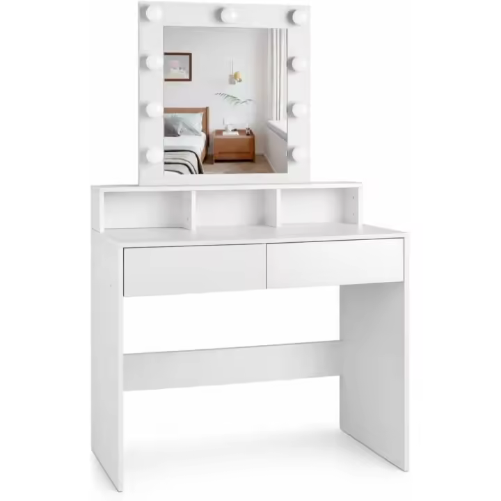 Makeup Vanity with Light | Dressing Table with Mirror, 2 Drawers and Storage Shelves | Modern White Makeup Table for Bedroom, Cosmetic and Jewelry Organizer - 1