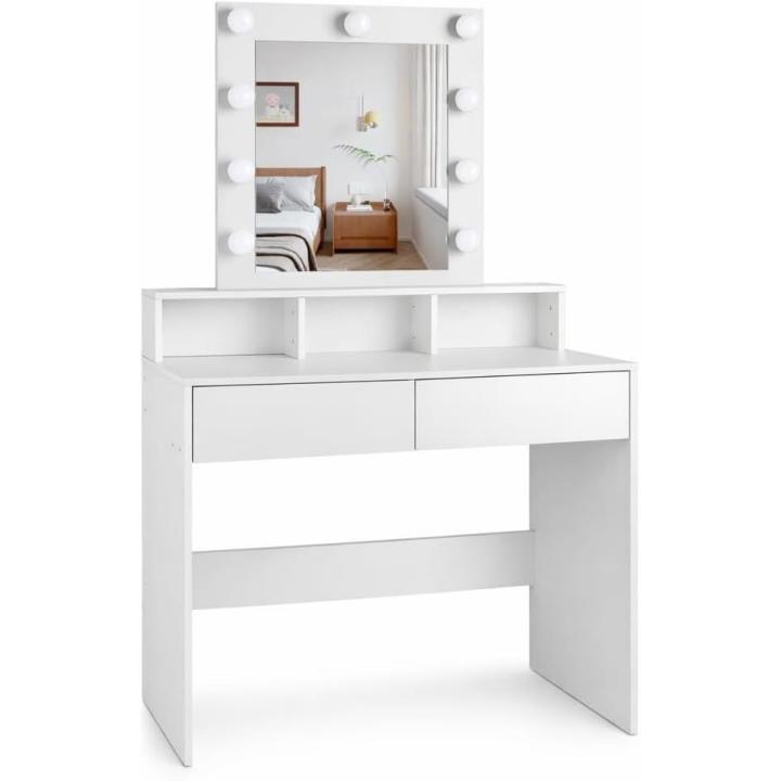 Makeup Vanity with Light | Dressing Table with Mirror, 2 Drawers and Storage Shelves | Modern White Makeup Table for Bedroom, Cosmetic and Jewelry Organizer