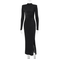 Vestido Largo Elegante De Mujer Otoño 2025 Cuello Redondo Brillo Seda Manga Larga Slim Wrap Abertura En La Cadera Estilo Básico - details 7