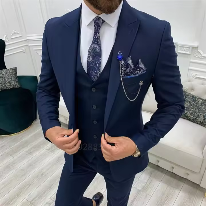 Traje Slim Fit Para Hombre 2024 Color Azul Marino Tuxedo De Boda Vestido Formal Para Cena Y Baile Traje De 3 Piezas (Blazer+Vest+Pantalones) Material COTTON Polyester Wool - 1