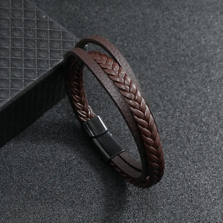 Pulsera De Cuero Para Hombre Estilo Moderno Con Hebilla Magnética Desmontable Y Diseño De Enredado Accesorios Deportivos Para Ciclismo - 1