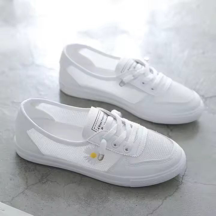 Zapatillas Planas Transpirables De Malla Para Mujer Primavera Verano Con Cordones Tenis Casuales Ligeros Huecos Blancas Zapatos Cómodos - 1