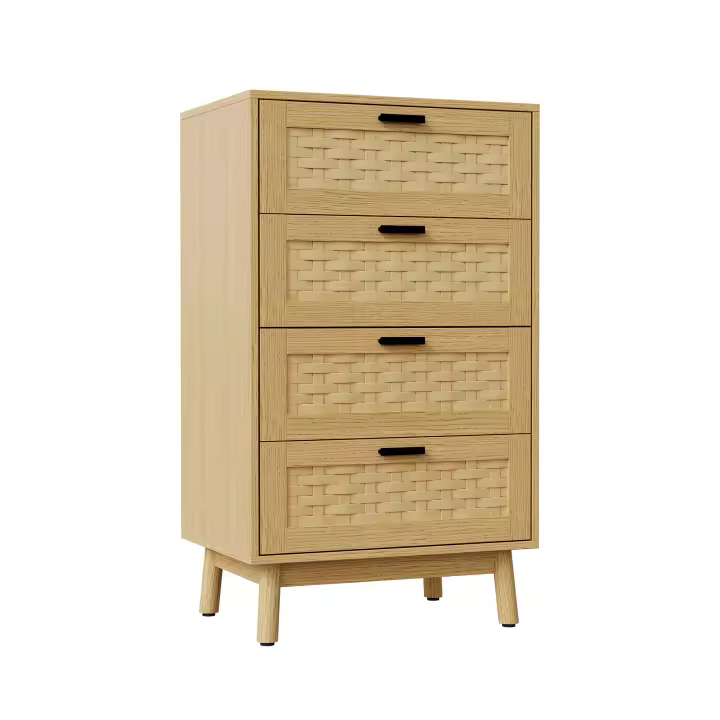 Cómoda de 4 cajones en color roble con acabado trenzado, 55×40×95 cm, mueble organizador de madera con estilo natural para dormitorio y salón - 1