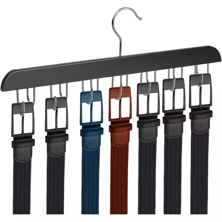 Percha de cinturón de madera resistente para armario, soporte para cinturón de cuero, con rotación de 360° y 14 ganchos (negro) - 1