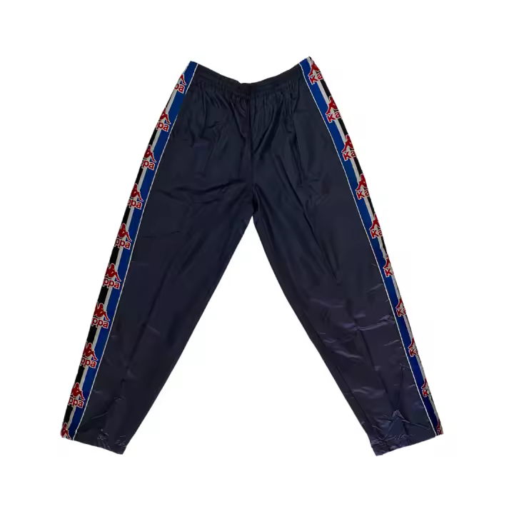 Kappa Pantalón Deportivo Nylon Twill FC Barcelona Azul Marino Largo Línea lateral Logo Rojo Vintage años 90 Nuevo para Entrenamiento o Casual Pierna Ancha Estilo retro - 1