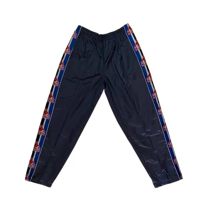 Kappa Pantalón Deportivo Nylon Twill FC Barcelona Azul Marino Largo Línea lateral Logo Rojo Vintage años 90 Nuevo para Entrenamiento o Casual Pierna Ancha Estilo retro - 1