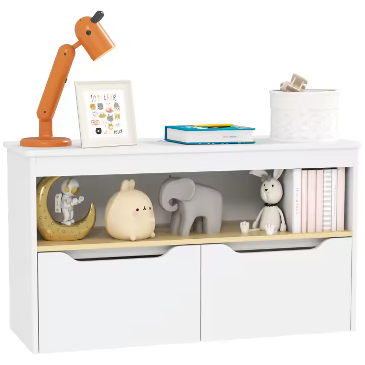 AIYAPLAY Estantería para Juguetes Infantil Librería Infantil con 2 Cajones y Compartimento para Salón Dormitorio Sala de Juegos 80x30x45 cm Blanco - 1