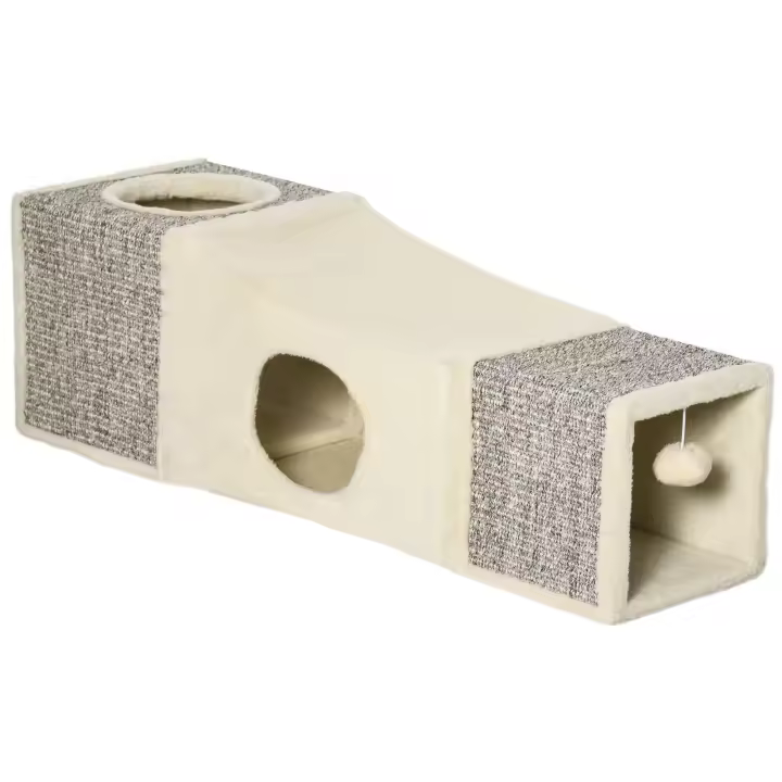 PawHut Túnel para Gatos de Interior Tubo de Juguete para Gatos Plegable con Múltiples Entradas Casetas de Sisal y Bola Colgante 98x30x30 cm Crema - 1
